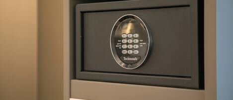 A security keypad with a "Technosafe" label, indicating a digital lock system.