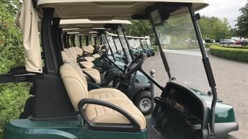 Una fila de carros de golf con asientos color beige y una etiqueta que dice 'NO STEP', estacionados en línea.