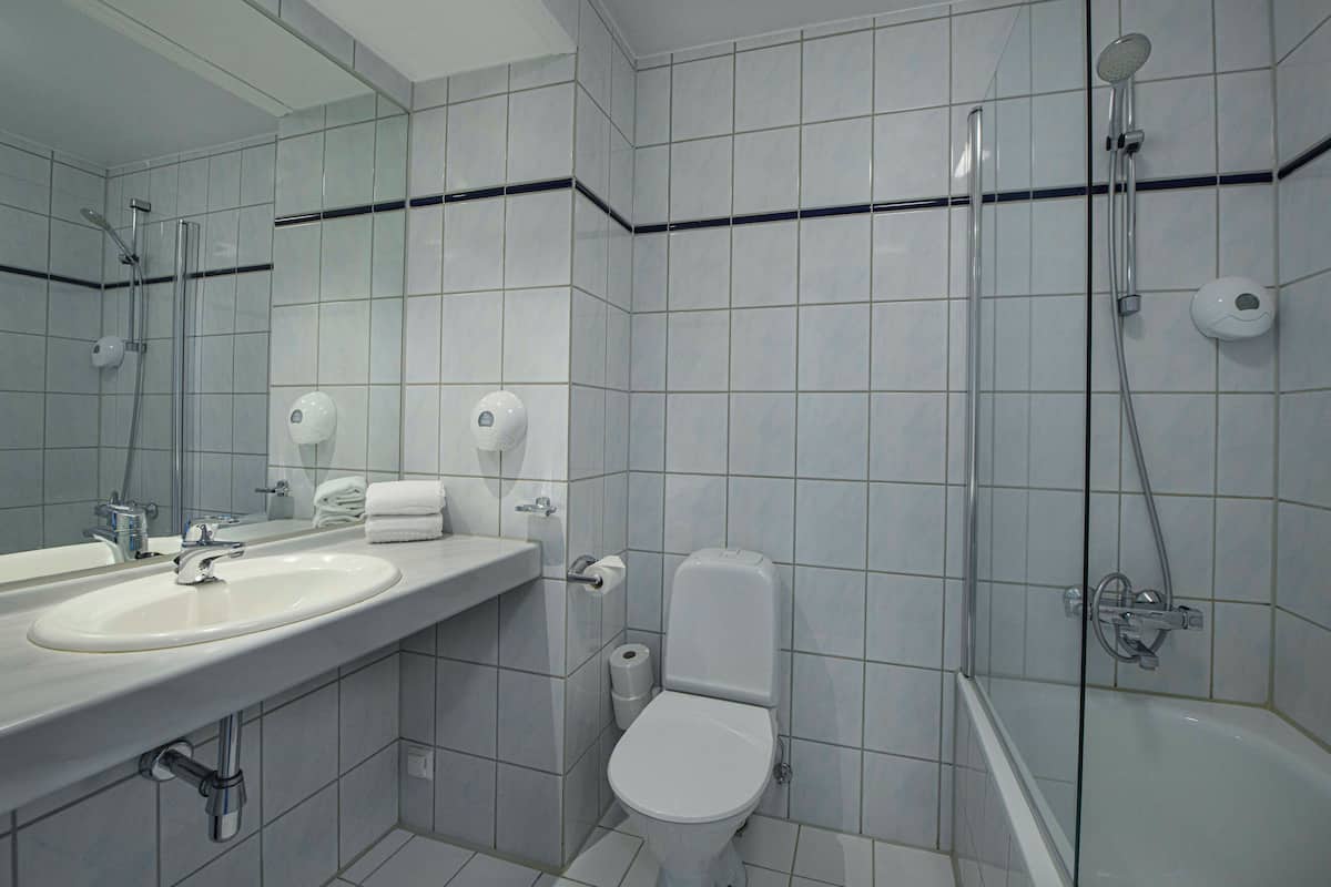 double room, balcony (fjord view) | bathroom | hair dryer, towels