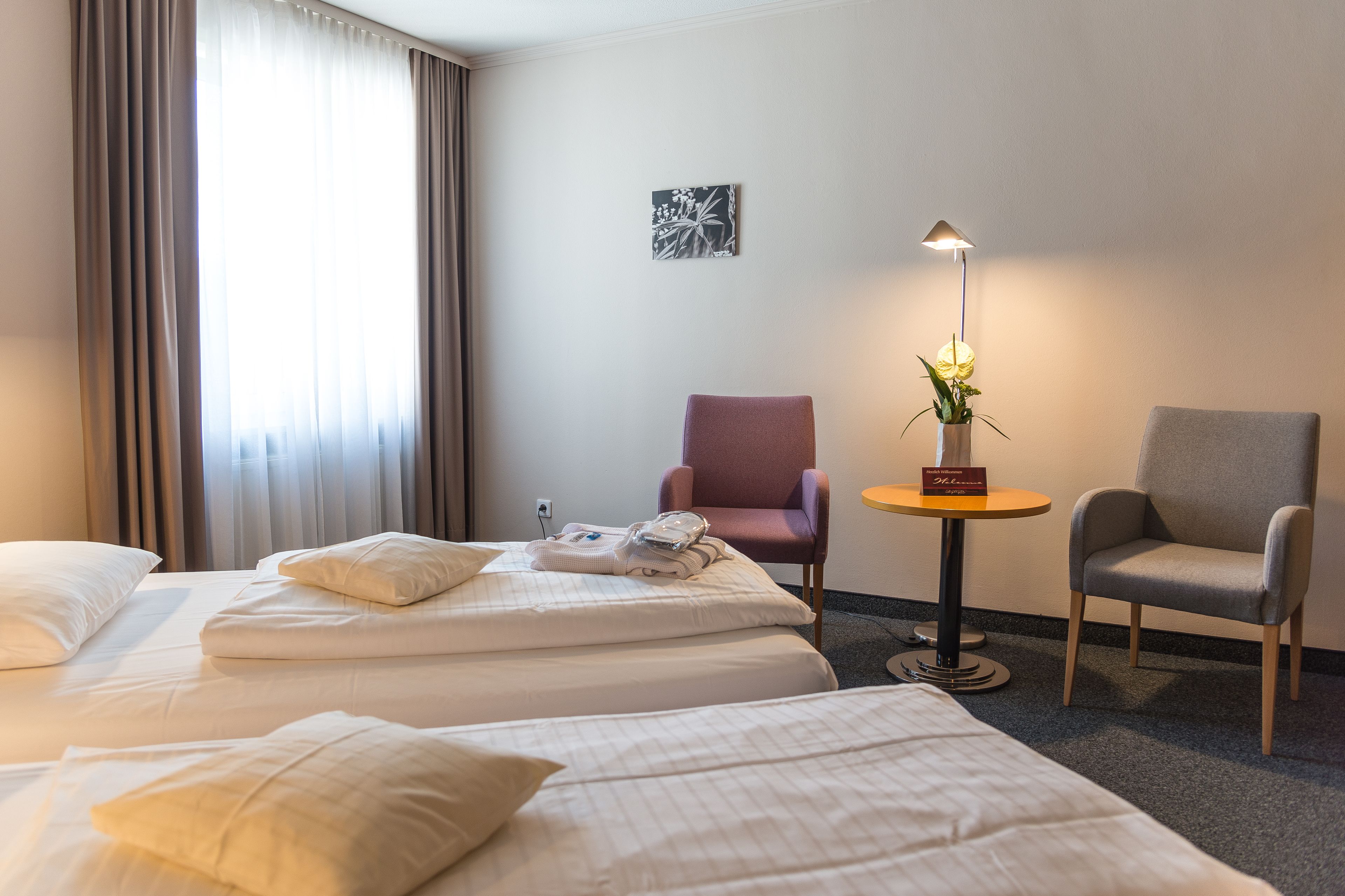 Ein Hotelzimmer mit zwei Betten, einem Schreibtisch, einem Stuhl, einer Lampe und einer Pflanze.