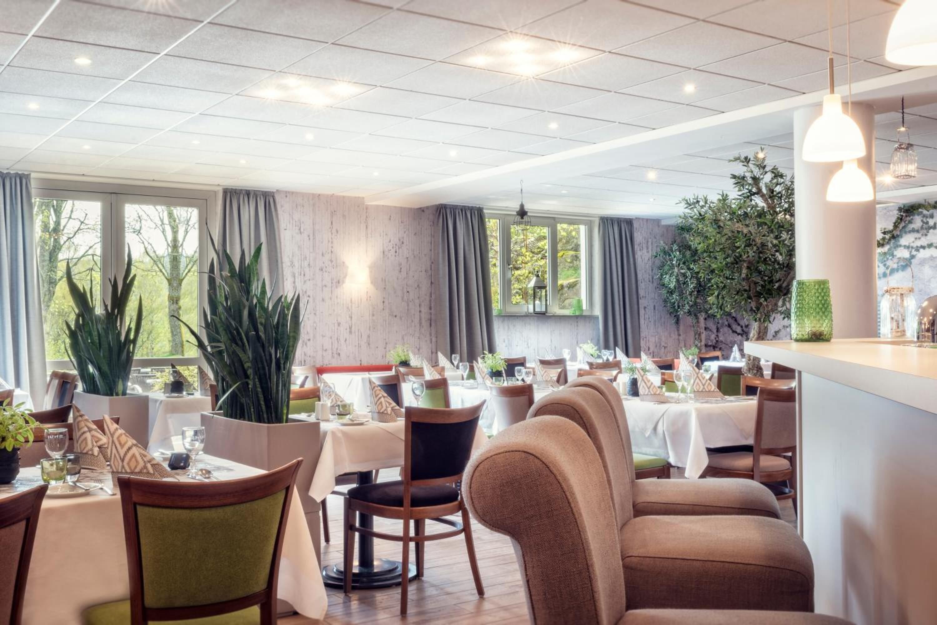 A restaurant with multiple tables, chairs, and potted plants.