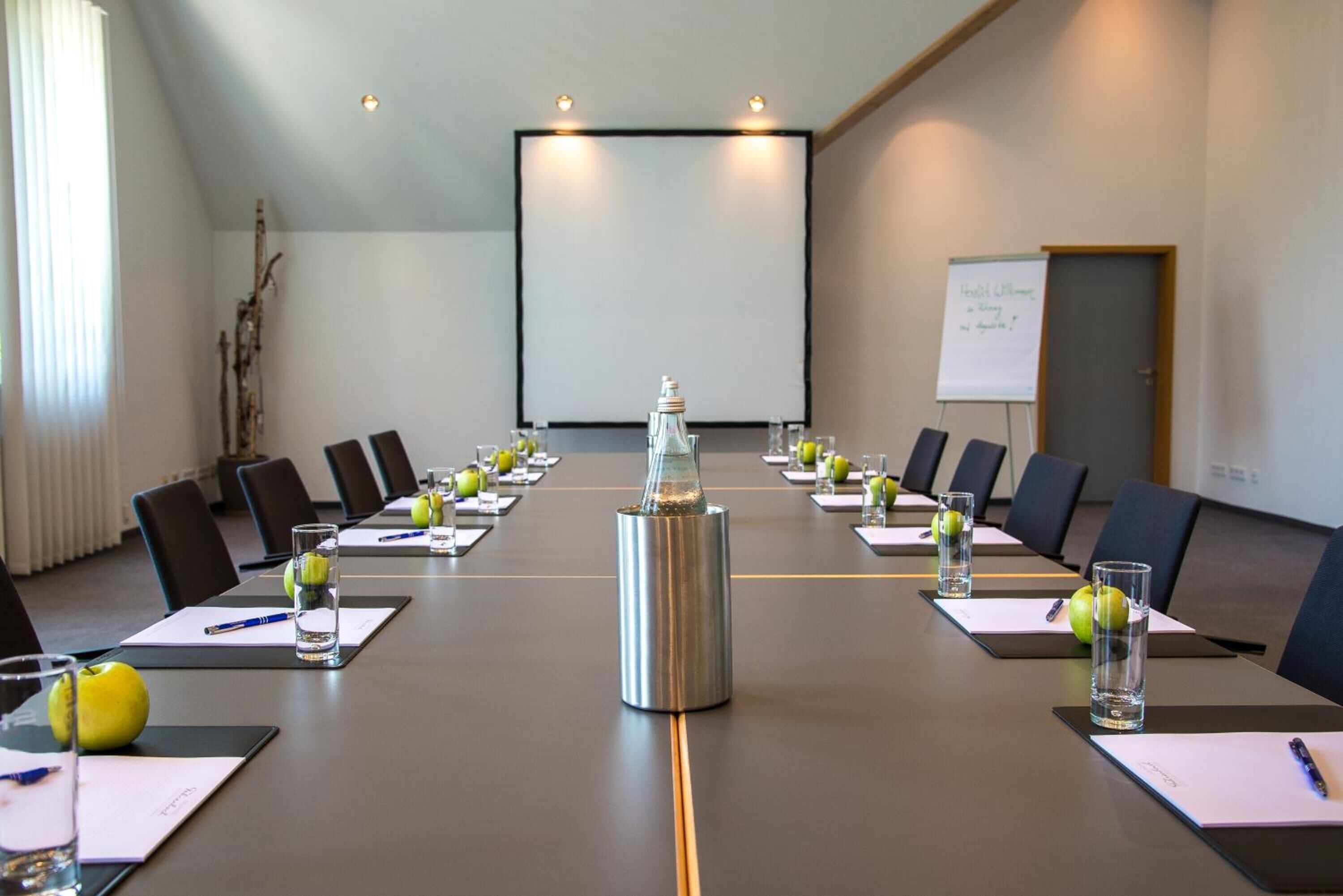 Une salle de conférence équipée d’une longue table, de chaises et d’un écran de projection.