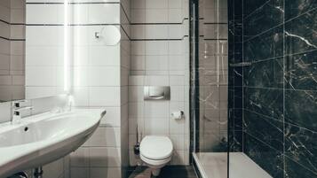 Hair dryer, towels, soap, shampoo