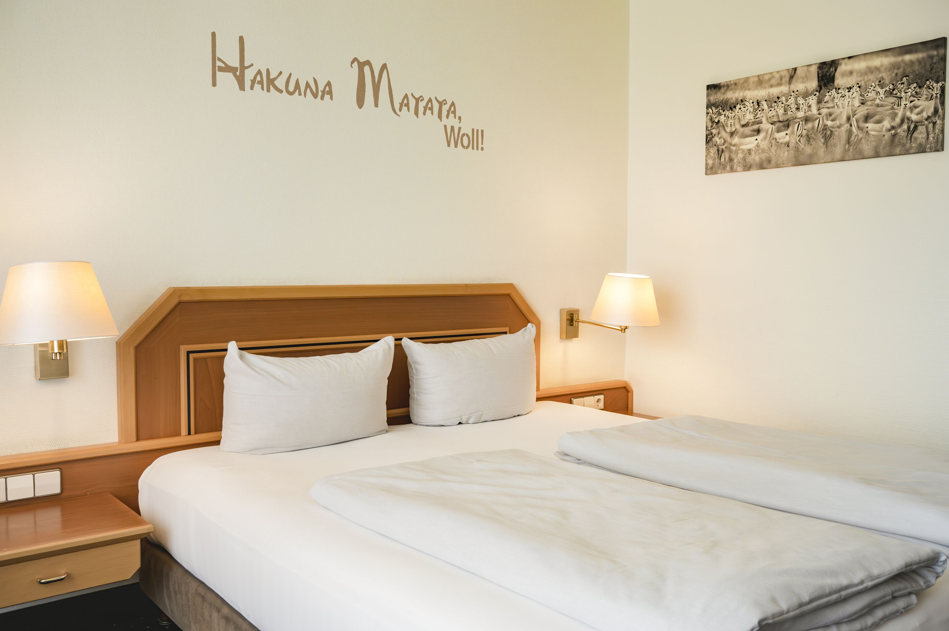Habitación de hotel con cabecera de madera, dos lámparas de noche, cama con ropa blanca, mesita de noche con cajón y un adorno en la pared.
