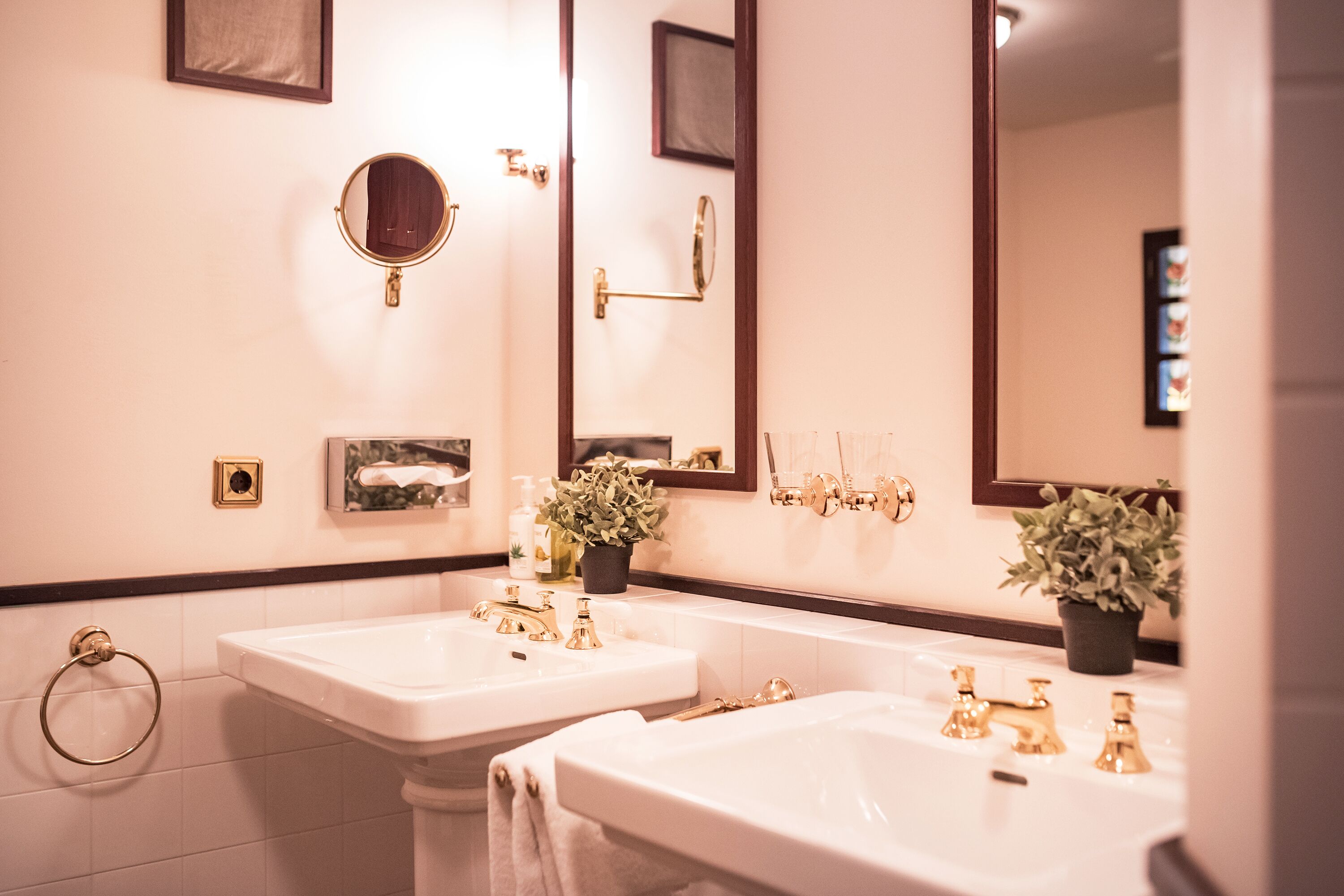 A bathroom with two sinks, a mirror, and a towel rack.