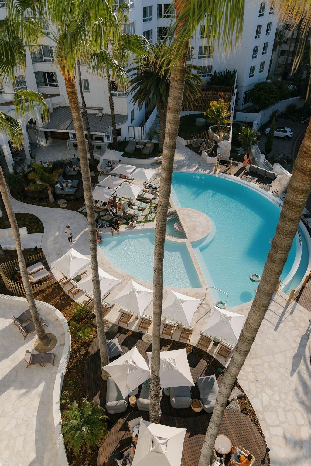 A rooftop pool area with lounge chairs and umbrellas, surrounded by palm trees and a multi-story building.