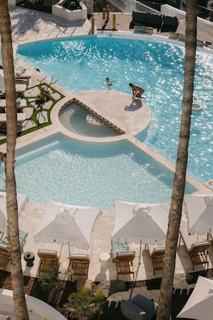 A pool area with lounge chairs and umbrellas, surrounded by palm trees.