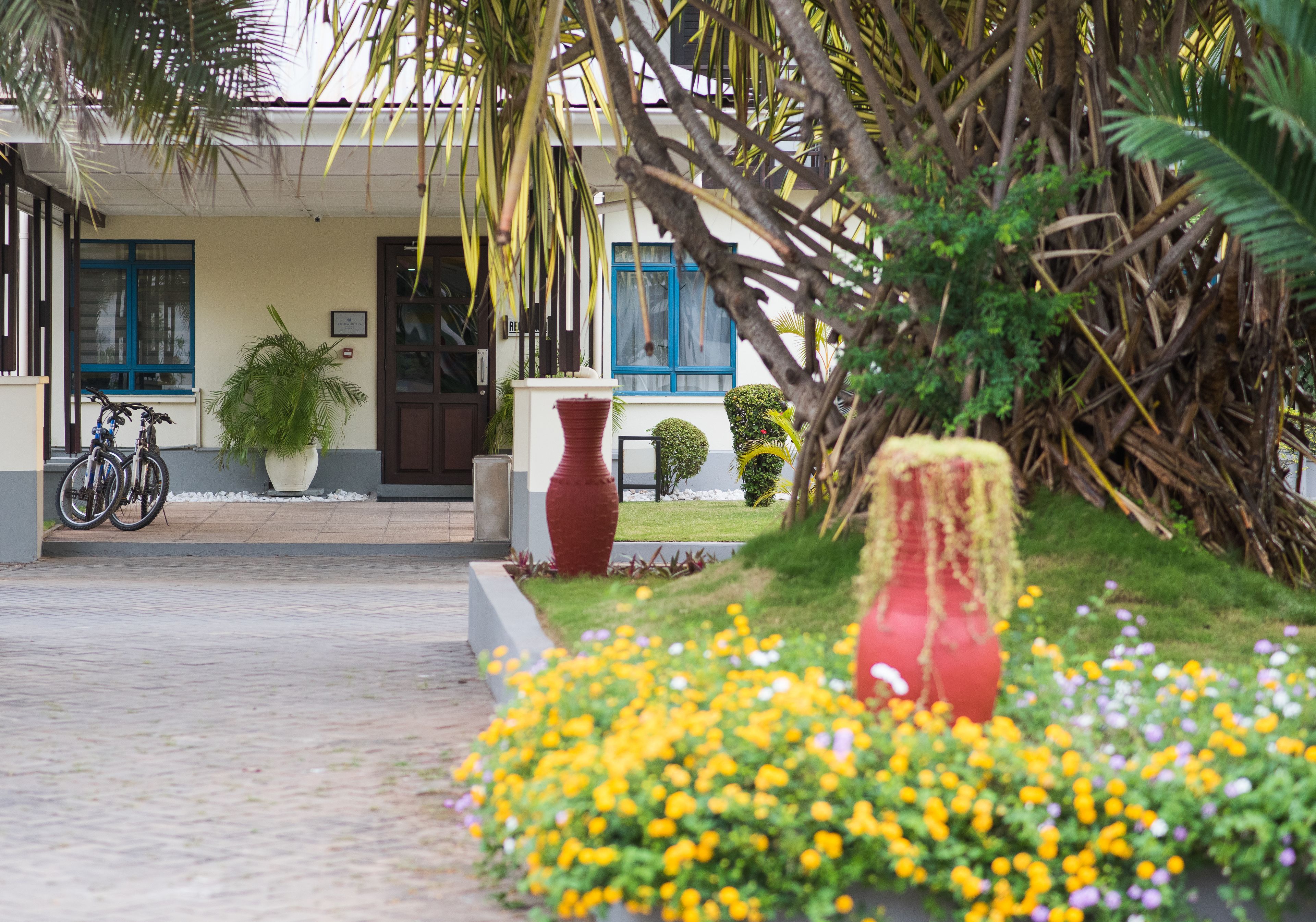 A building with a paved entrance, a bicycle parked outside, and a garden with yellow and purple flowers.