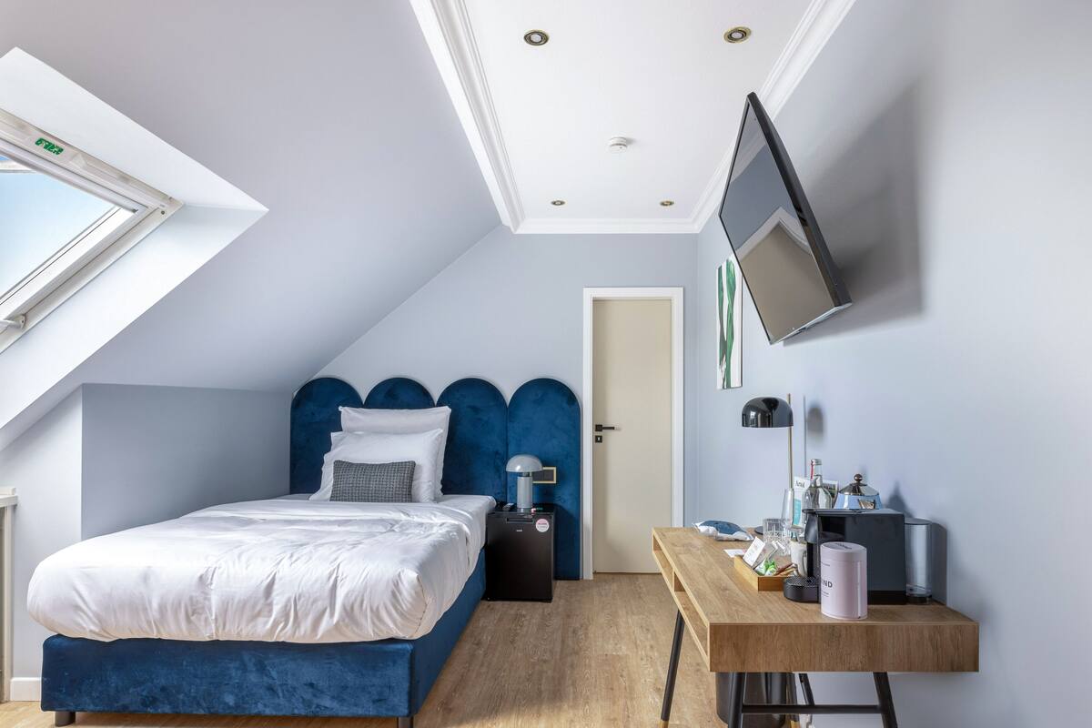 Une chambre avec un lit, un bureau, une télévision et une fenêtre.