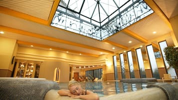 Indoor pool, outdoor pool, sun loungers