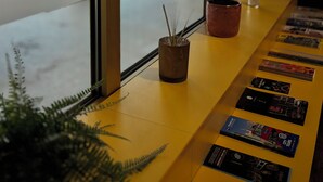A reception desk with a potted plant, a glass door, and informational brochures. - Colour Hotel (Frankfurt)