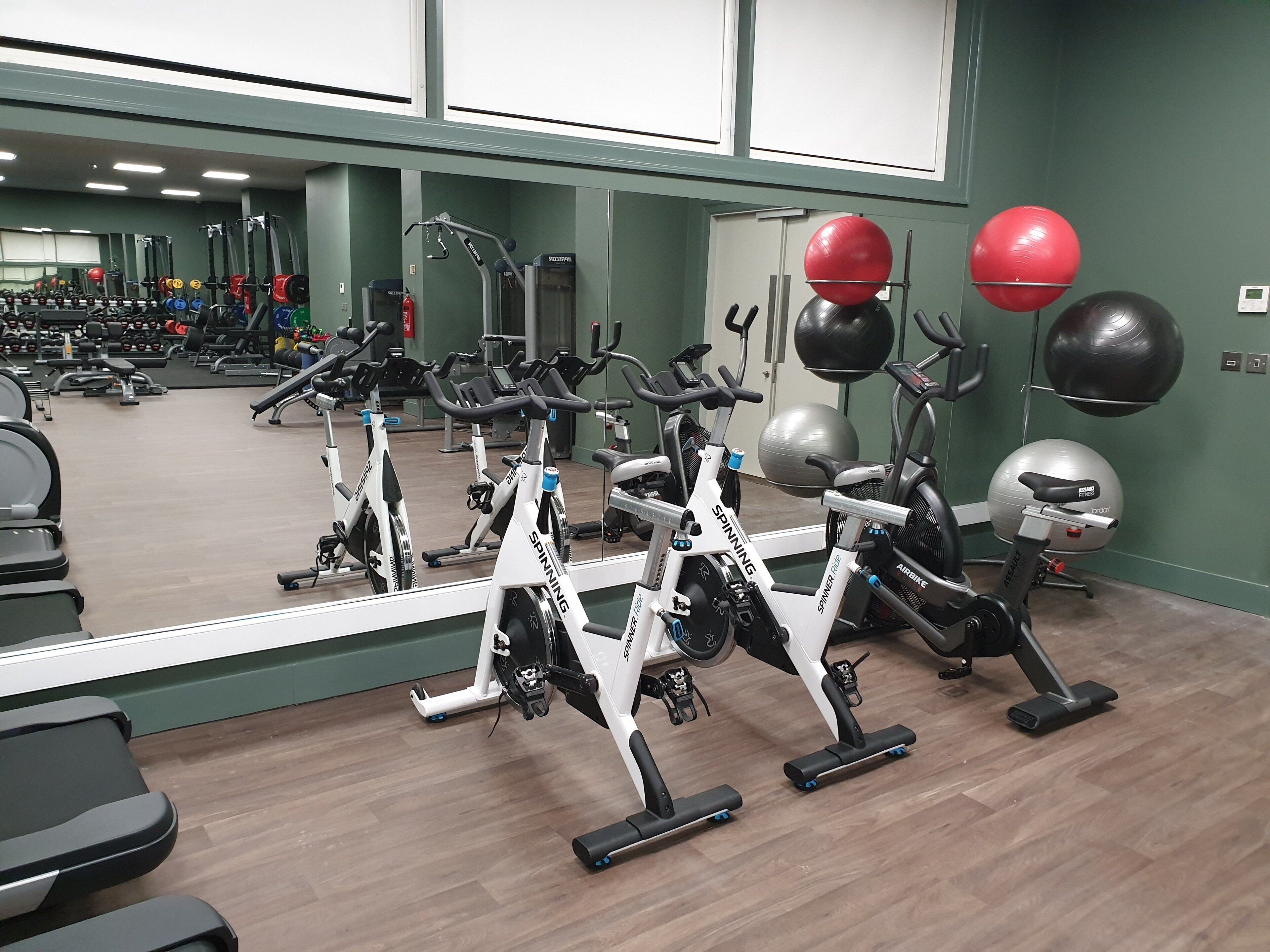 Ett gym med olika typer av träningsutrustning, inklusive motionscyklar och konditionsträningsmaskiner.