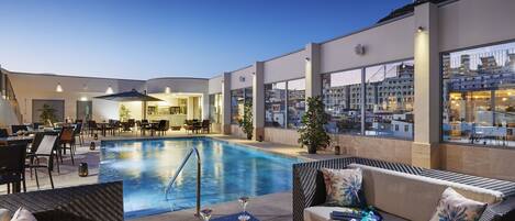 Outdoor pool, pool umbrellas, pool loungers