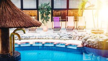 Indoor pool, outdoor pool, open 10:00 AM to 10:00 PM, pool umbrellas