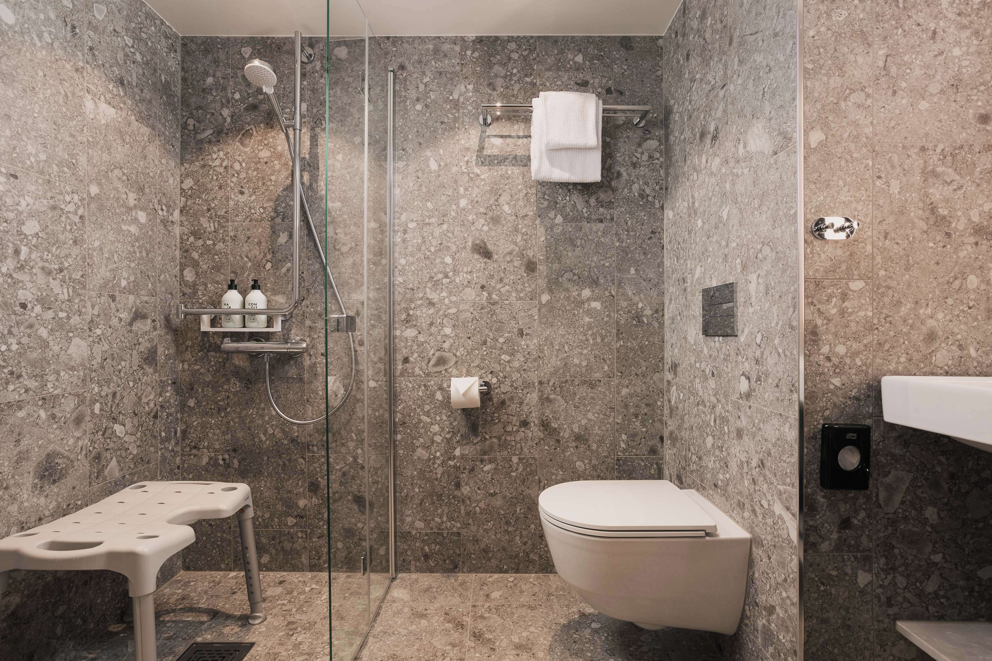 single room | bathroom | shower, hair dryer, towels