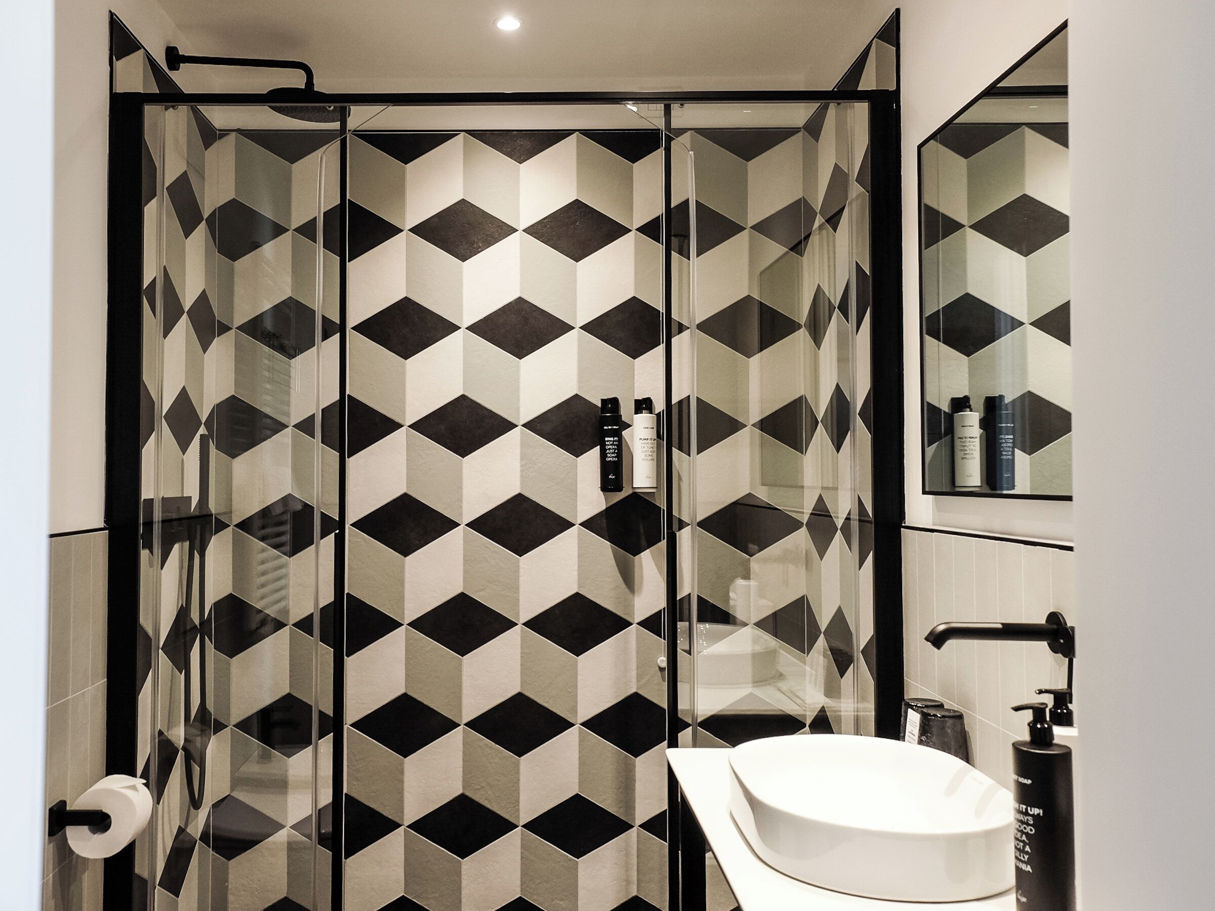 A modern bathroom with a geometric patterned shower enclosure, a white sink, and a mirror above the sink.