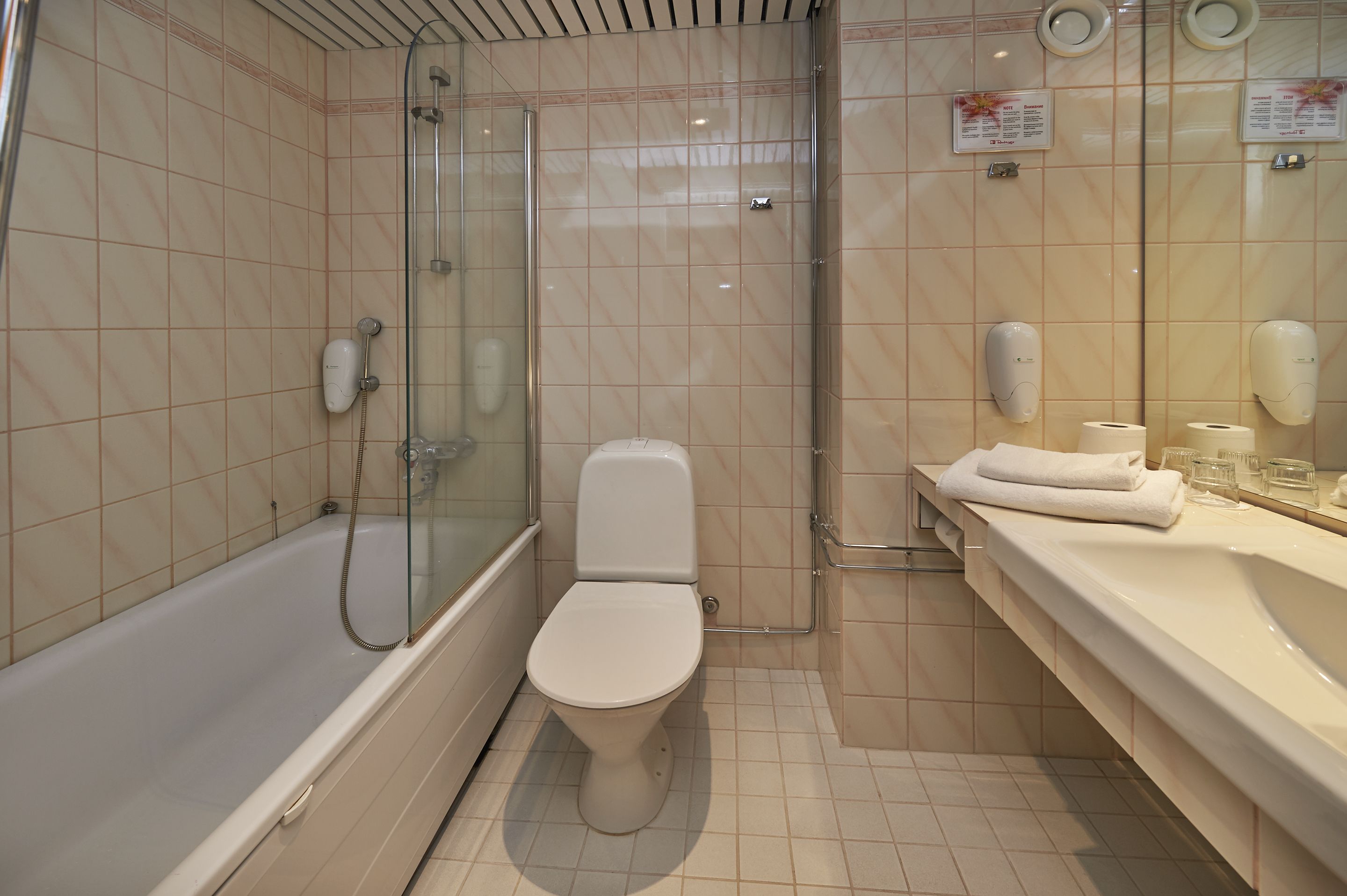 Un baño con ducha de vidrio, inodoro y lavabo con espejo.