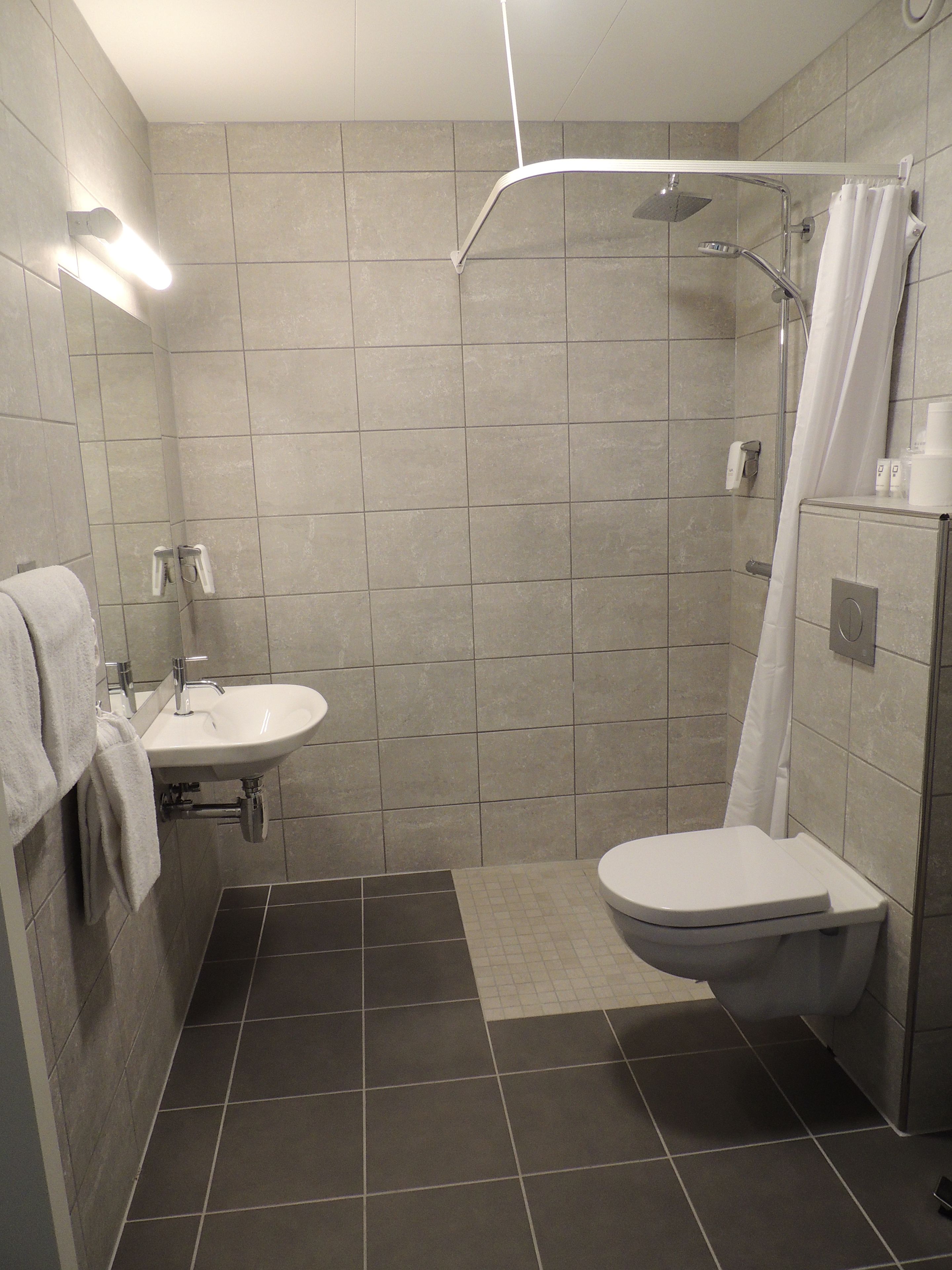 Une salle de bain moderne équipée d’une douche, de toilettes et d’un lavabo.