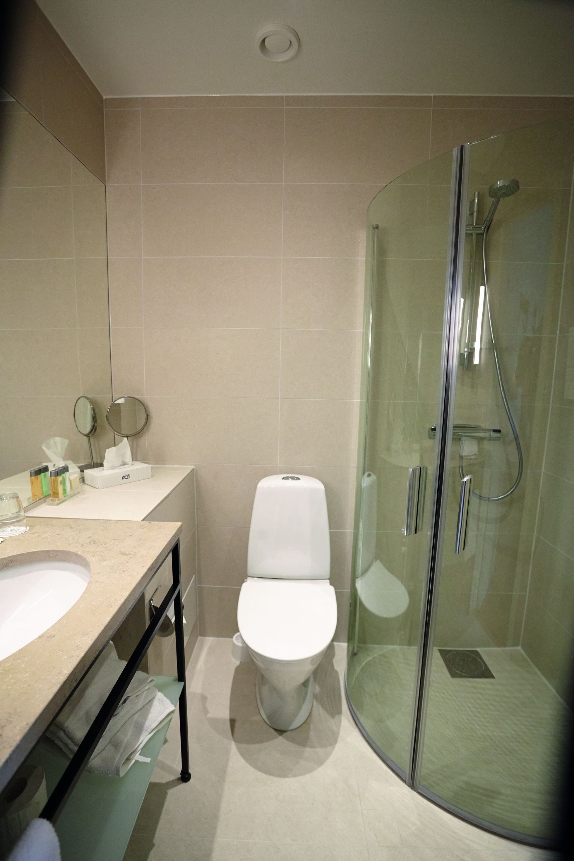 A modern bathroom with a glass-enclosed shower, a white toilet, and a vanity with a mirror and toiletries.
