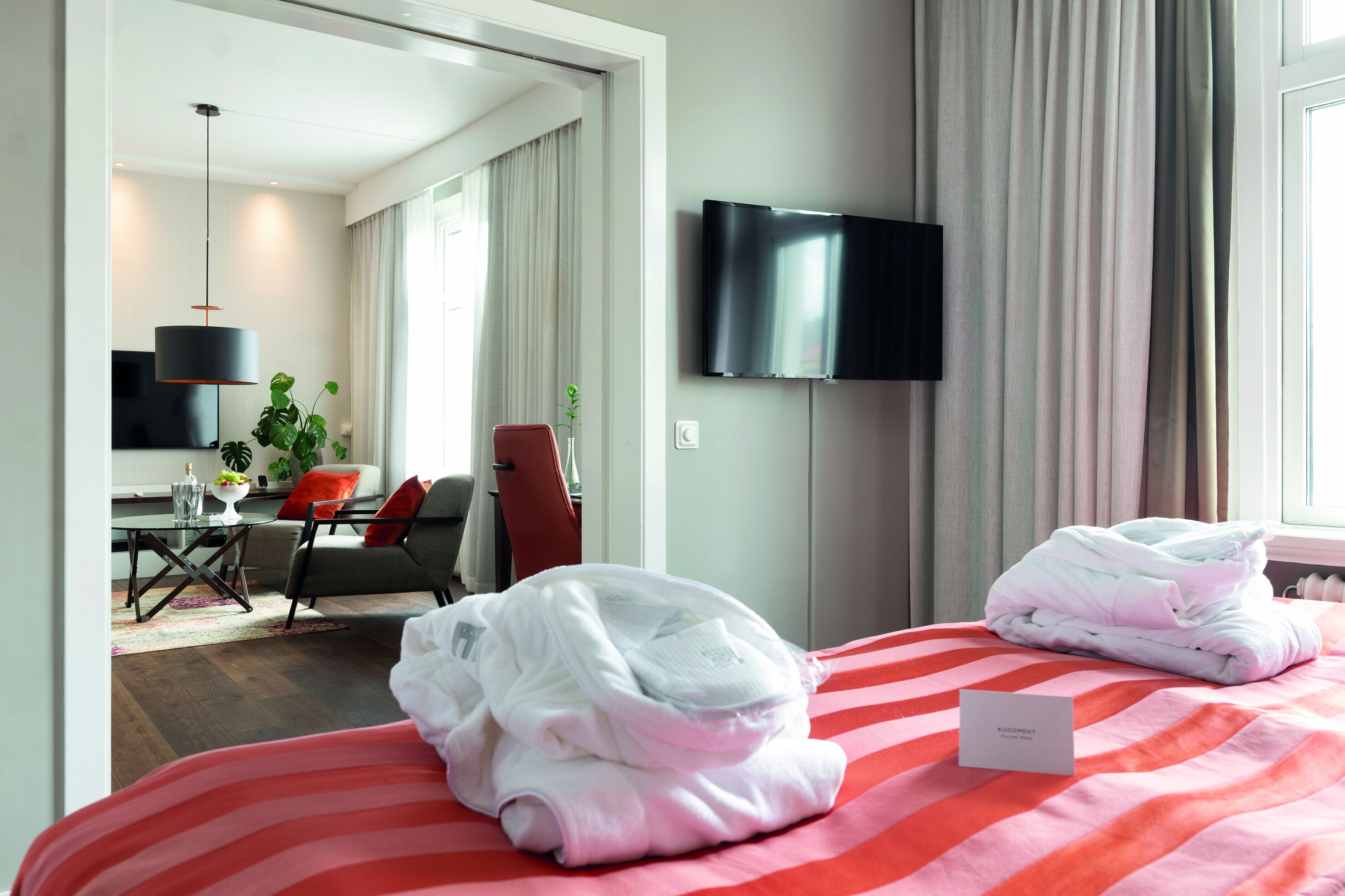 A hotel room with a bed, a TV, a desk with a chair, and a plant.