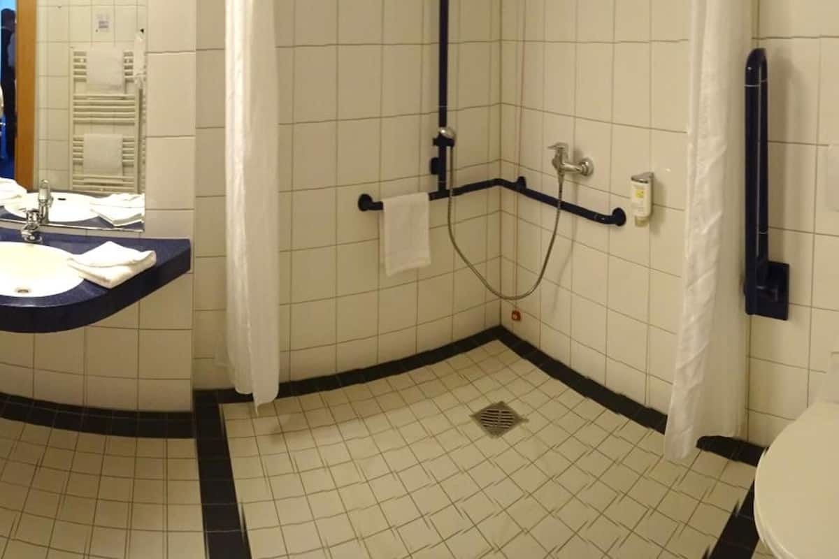 combined shower/bathtub, hair dryer, towels