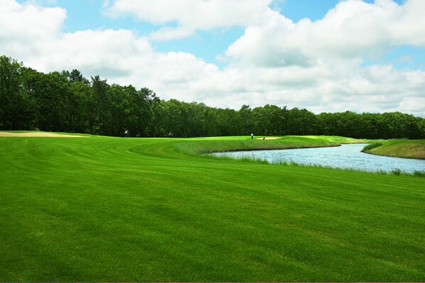 A golf course with a water body and trees in the background.