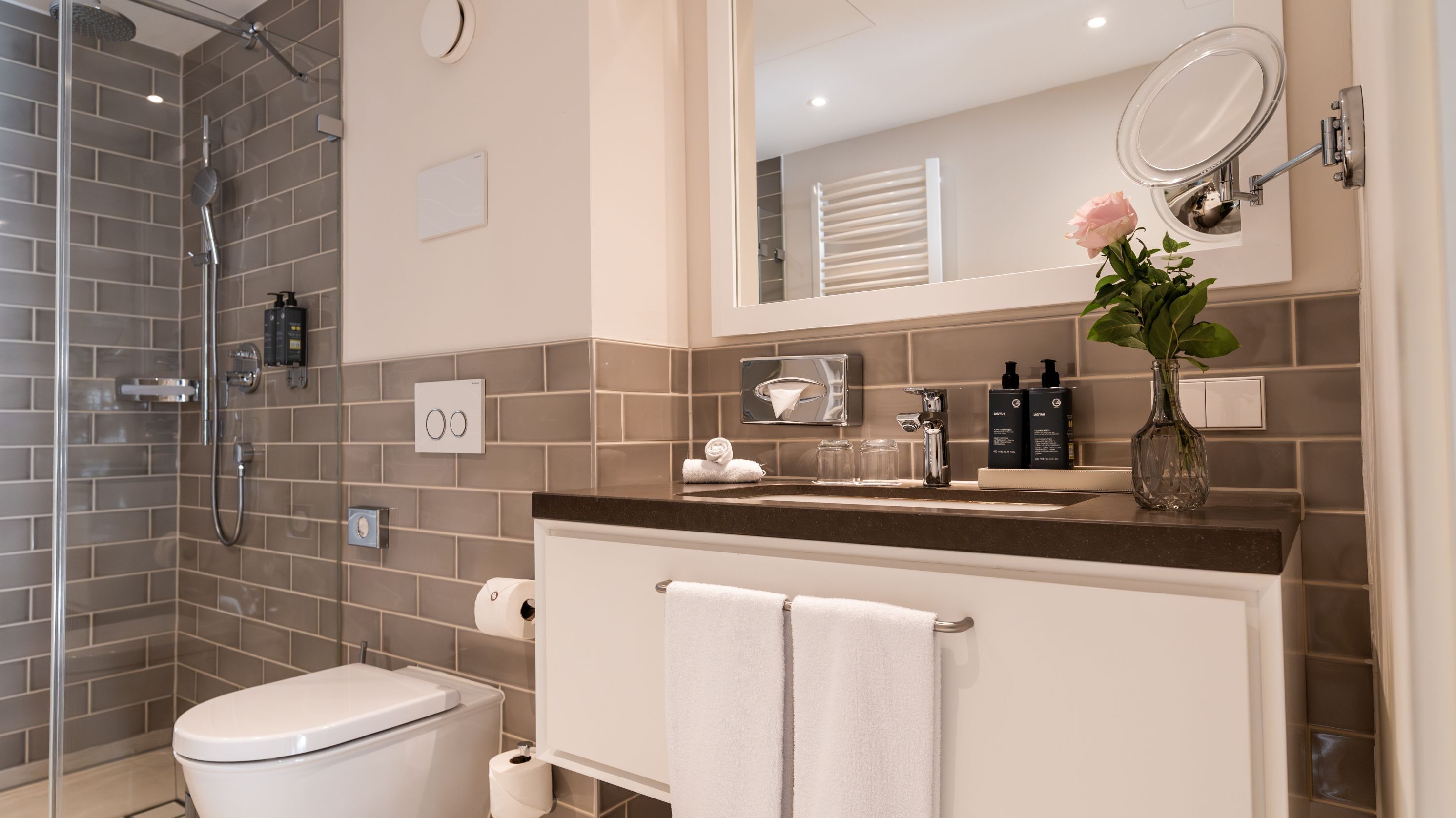 A modern bathroom with a shower, toilet, sink, and a mirror.