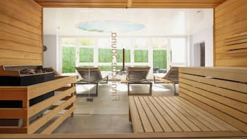 A sauna with wooden benches and a glass ceiling, large windows, and a view of greenery outside.