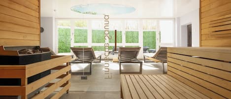 A sauna with wooden benches and a glass ceiling, large windows, and a view of greenery outside.