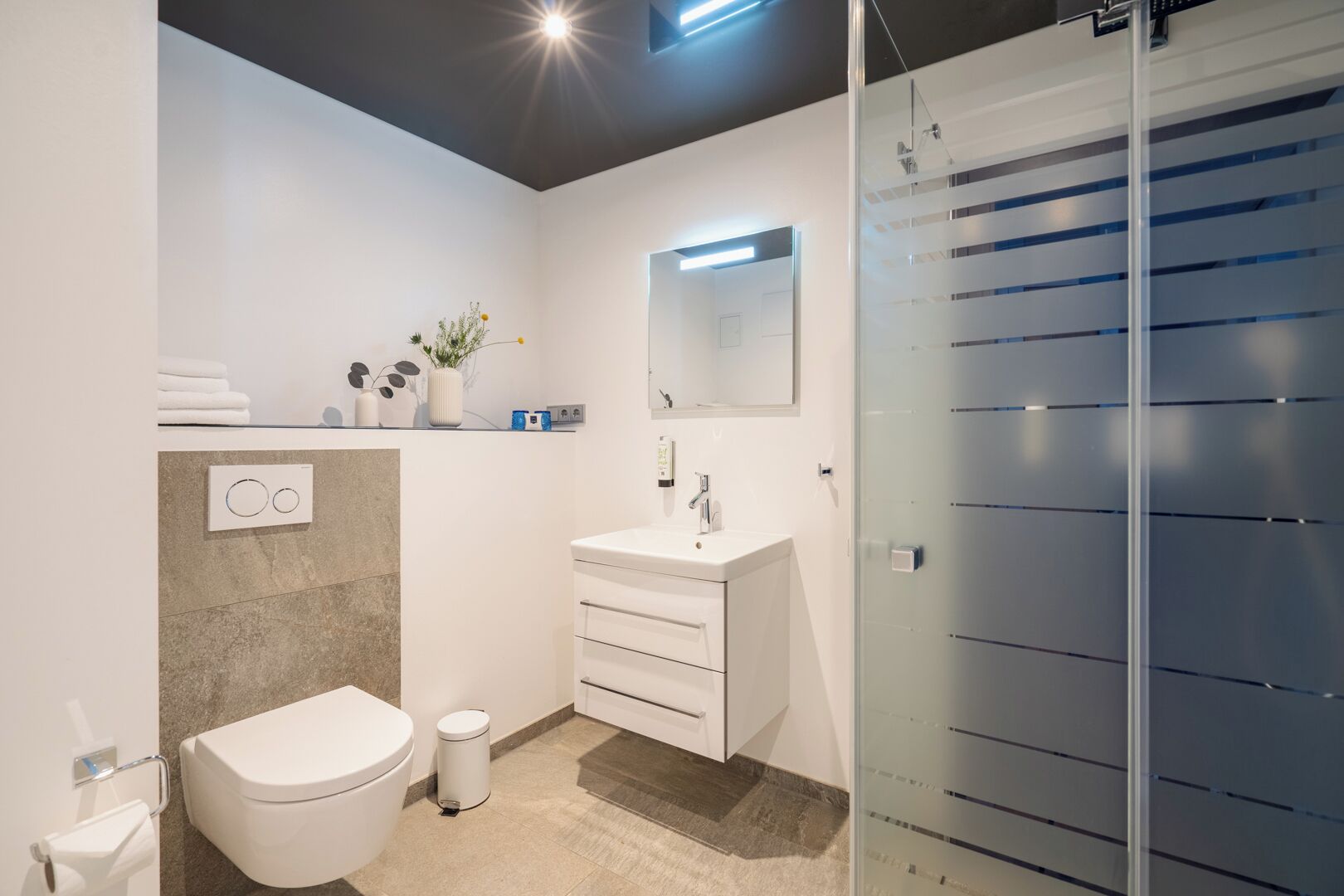 A modern bathroom with a toilet, sink, and glass shower enclosure.