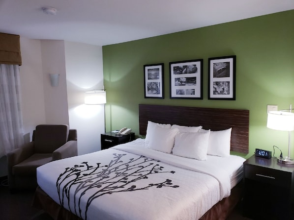 Una habitación de hotel con cama, una silla, una mesita de noche con lámpara y una pared decorada con cuadros.