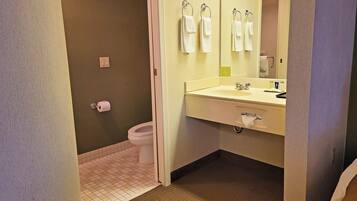 A bathroom with a toilet, sink, and mirror.