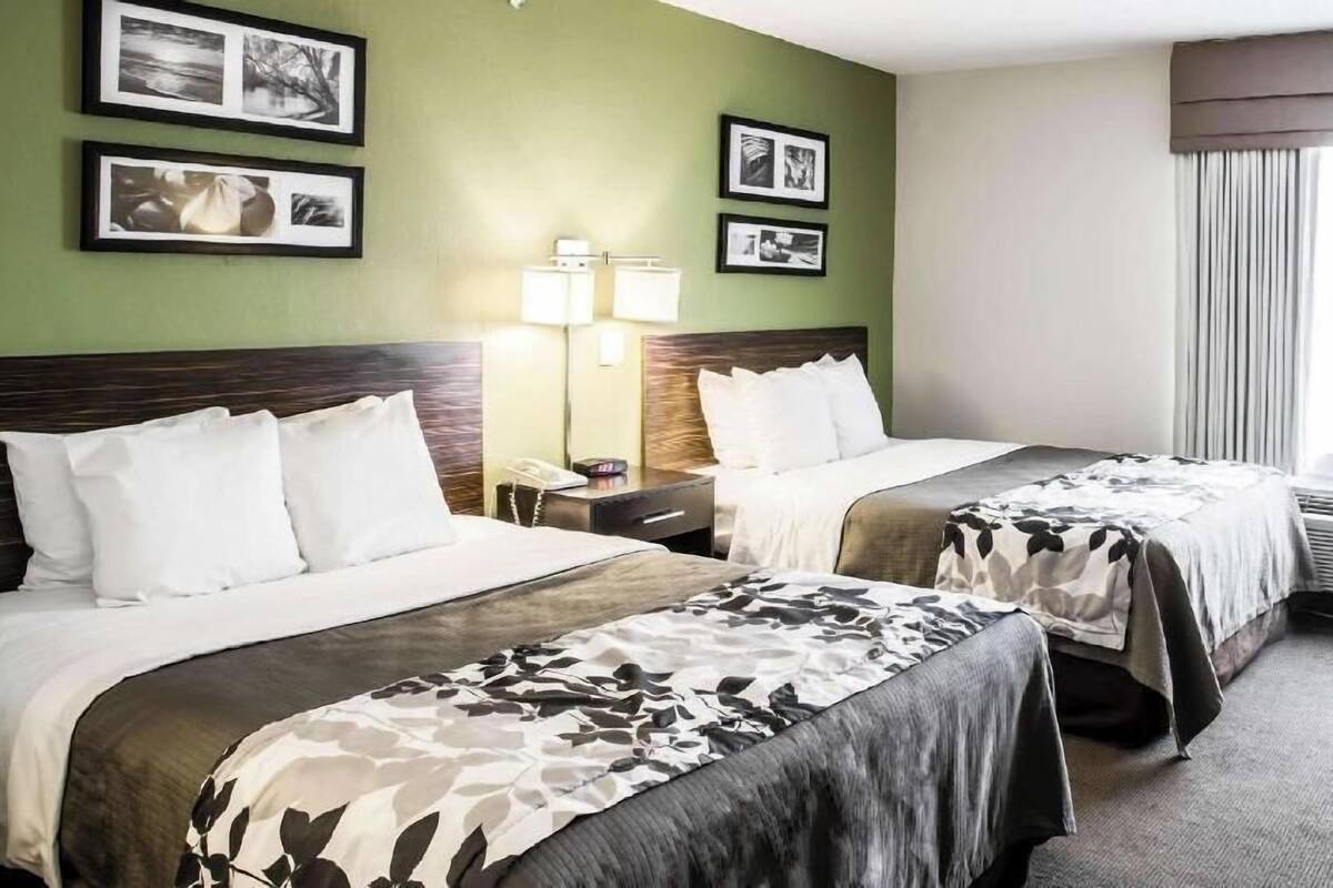 Quarto de hotel com duas camas, uma mesa de cabeceira, uma luminária e quadros nas paredes.