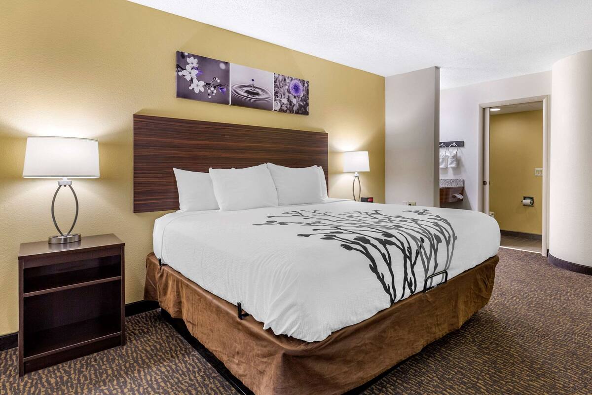 Quarto de hotel com uma cama grande, duas mesas de cabeceira com luminárias, uma cabeceira e uma parede com três quadros emoldurados.