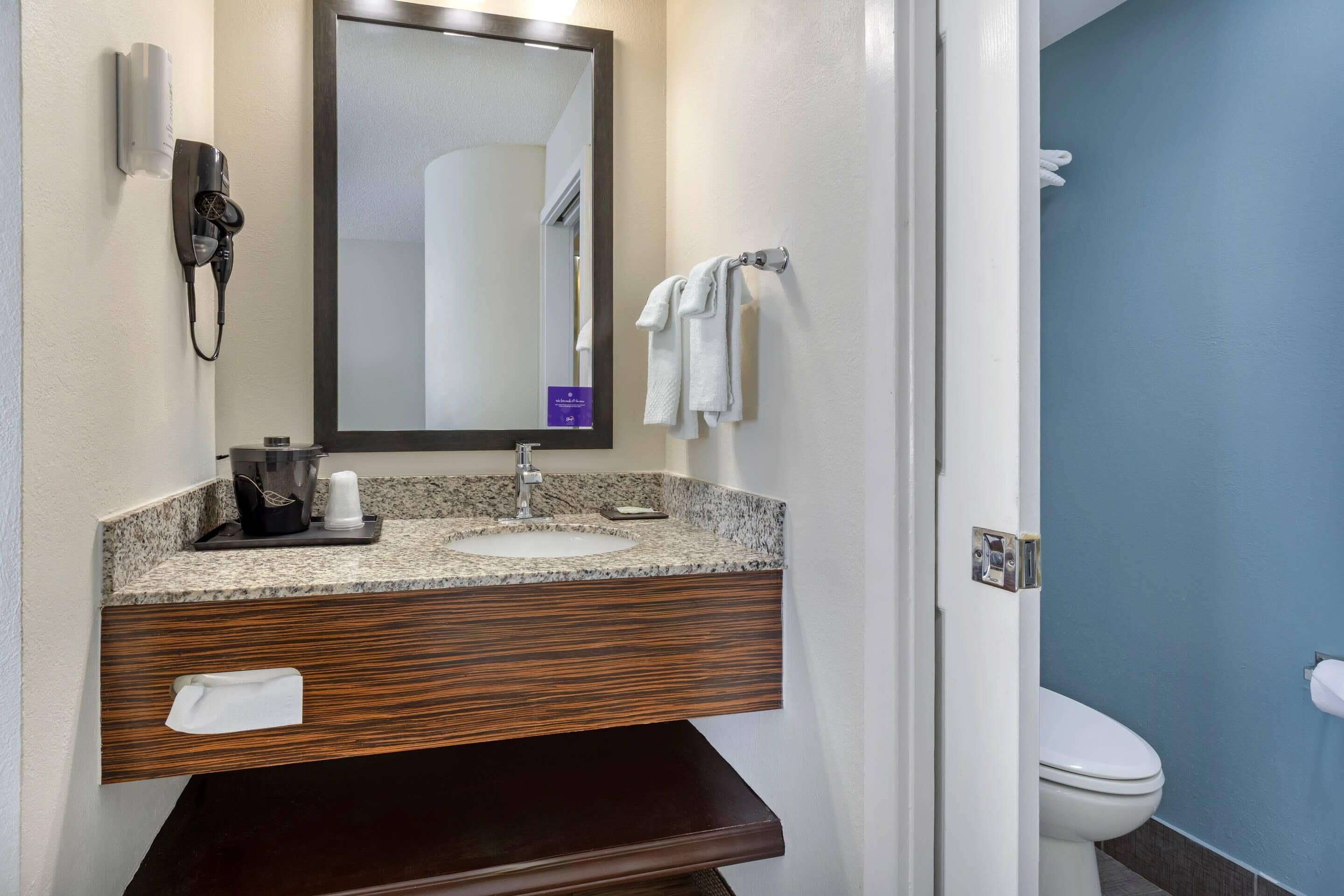 A bathroom with a granite countertop sink, a mirror, a towel rack, a hair dryer, and a toilet.