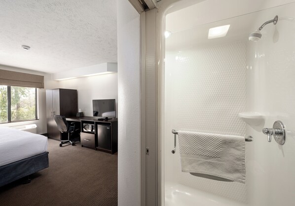 Shower, free toiletries, hair dryer, towels
