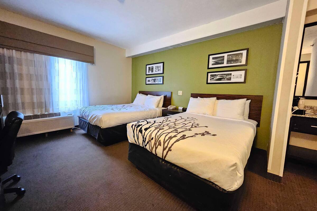 A hotel room with two beds, a desk, a chair, and a radiator.