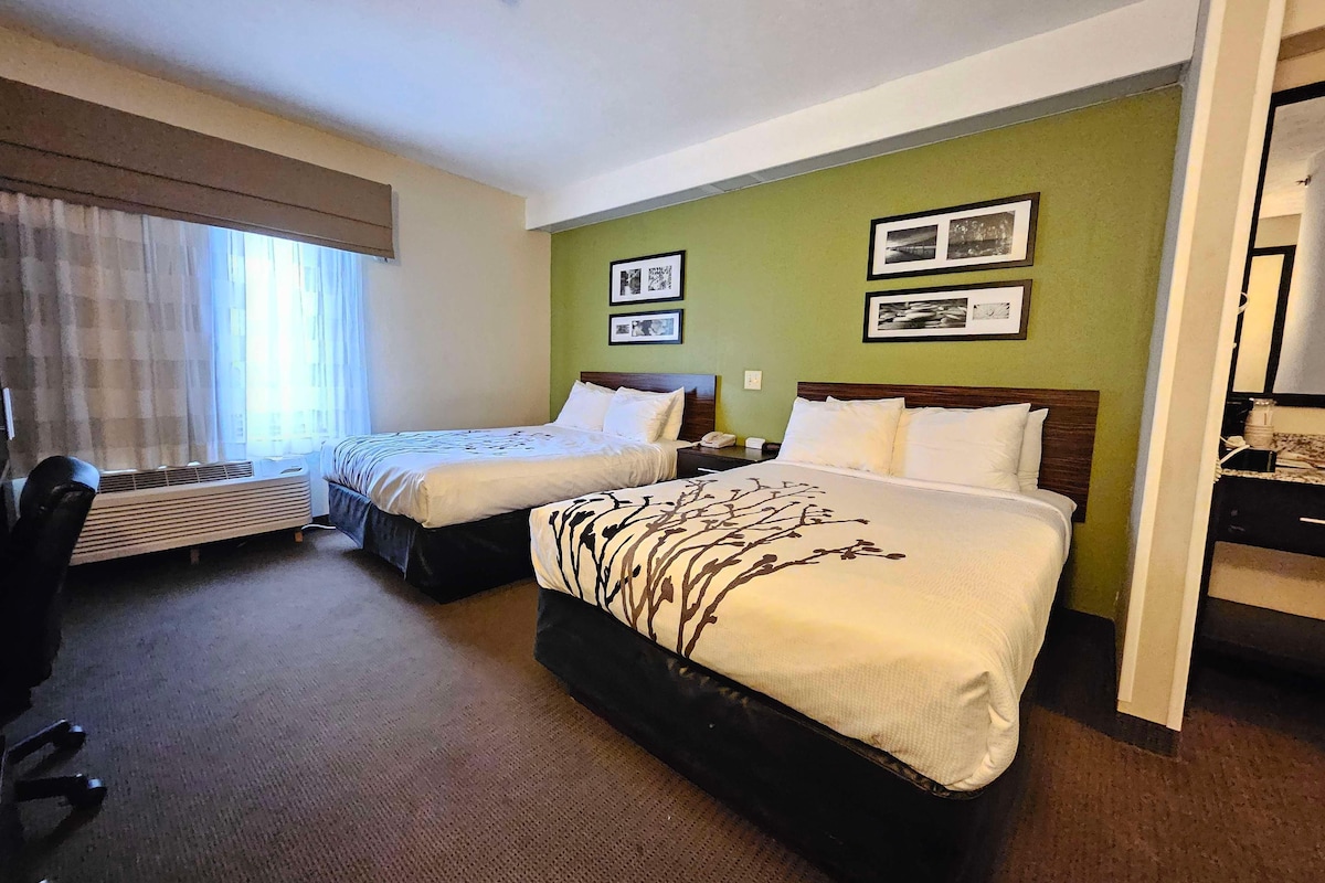 Habitación de hotel con dos camas, un escritorio, una silla y un radiador.