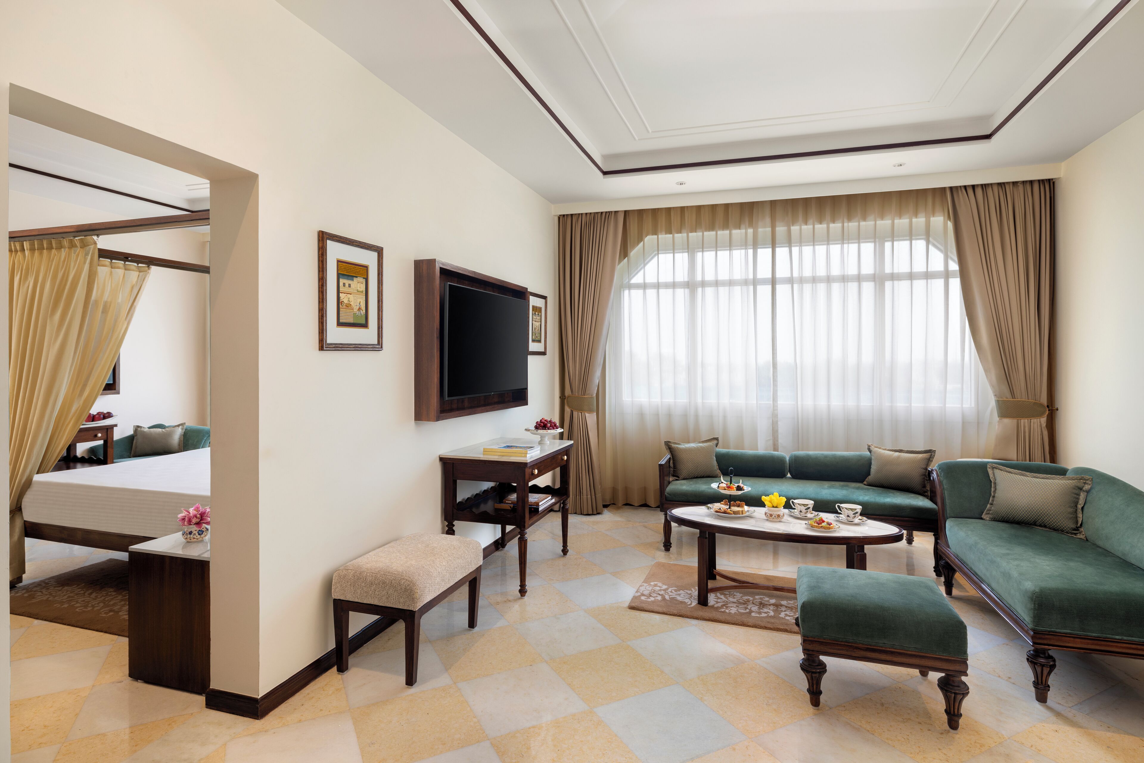 seleqtions suite, 1 king bed (taj mahal view) | living area | lcd tv