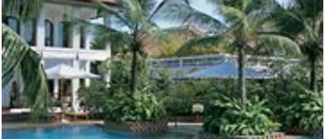 Outdoor pool, pool umbrellas, pool loungers