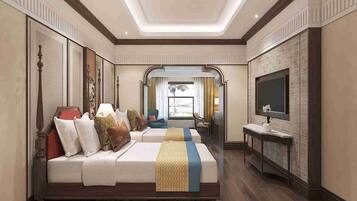 A hotel room with a large bed, a television, and a view of the outdoors through a window.