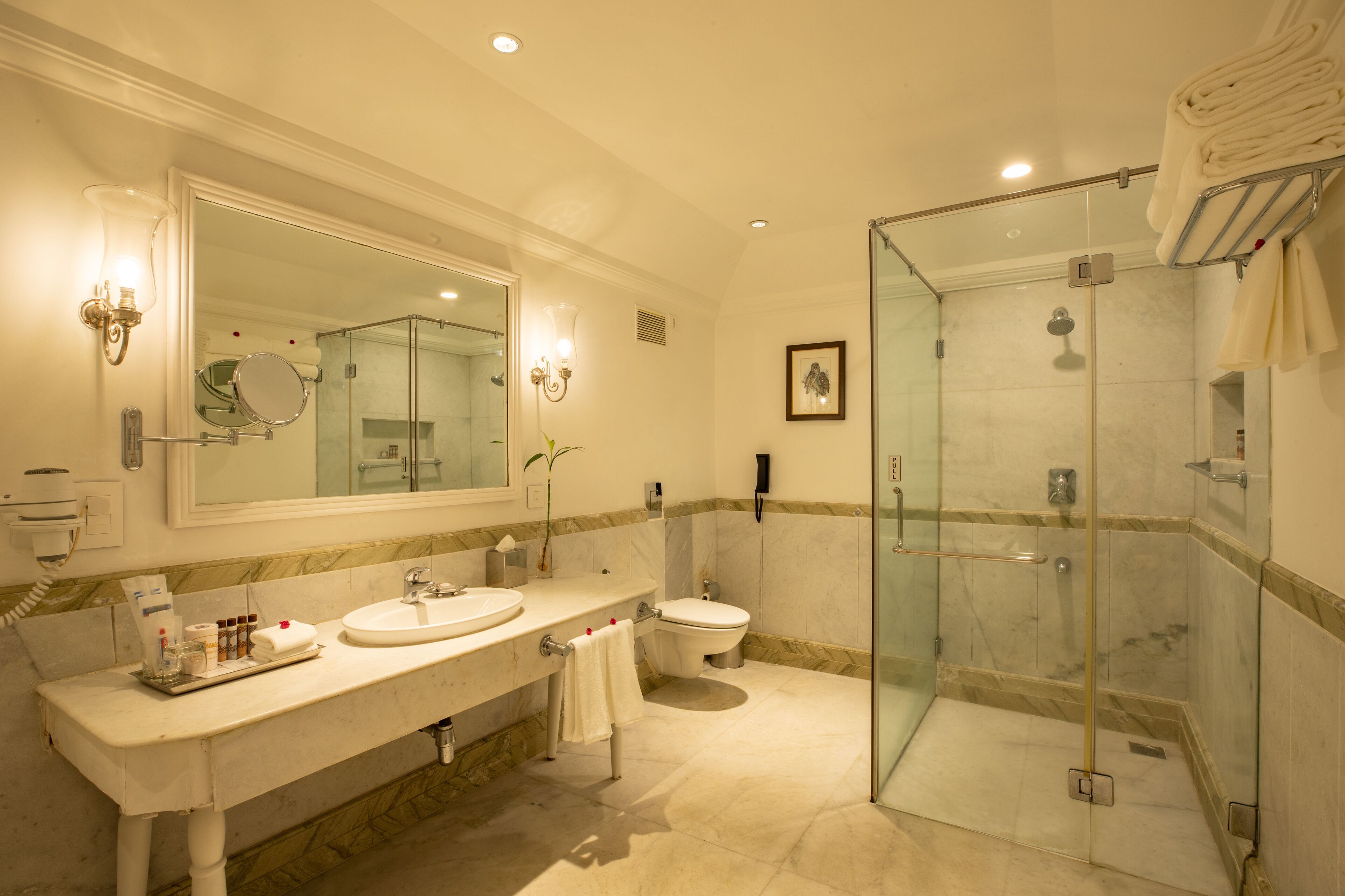 free toiletries, hair dryer, slippers, towels