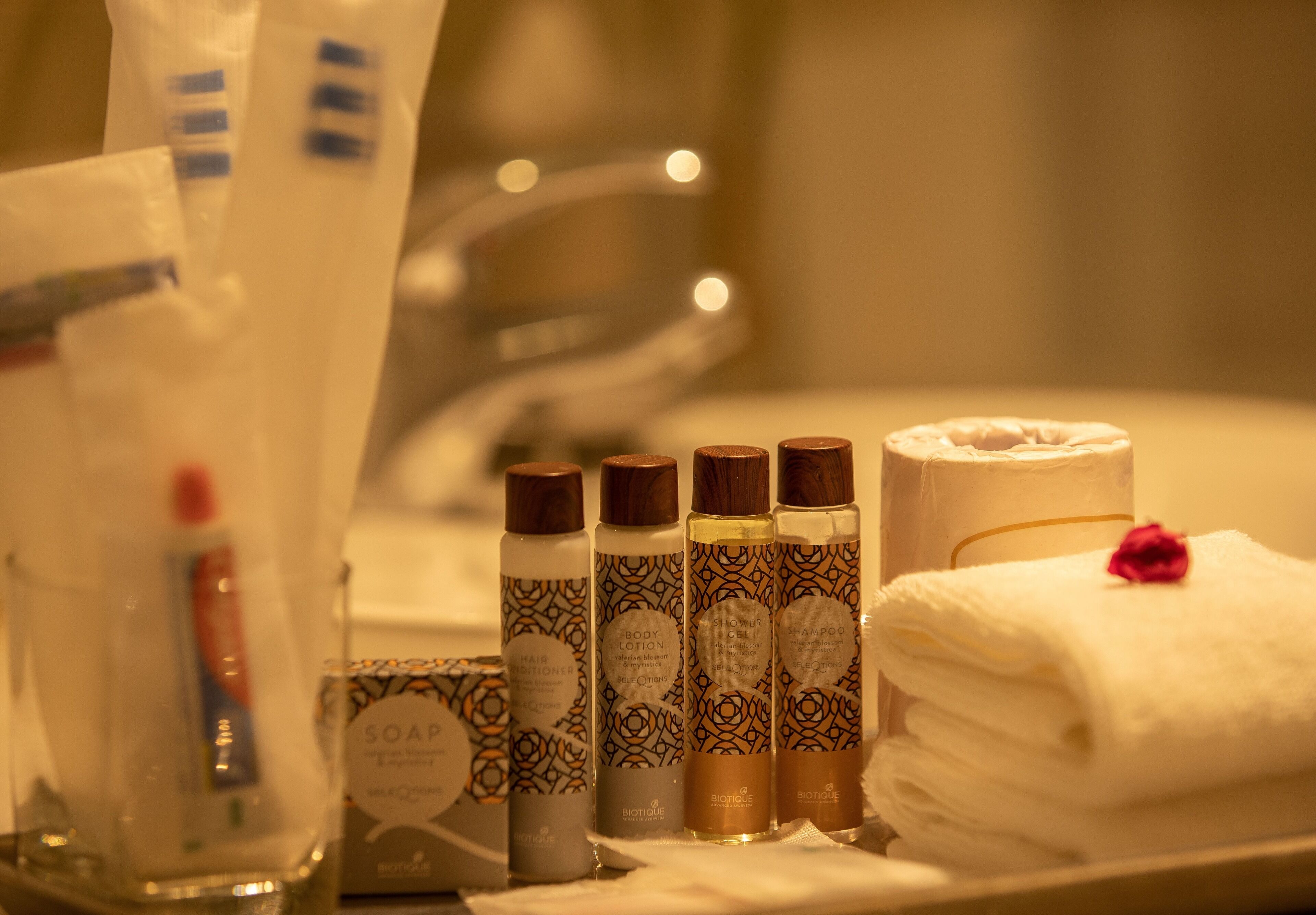 free toiletries, hair dryer, slippers, towels