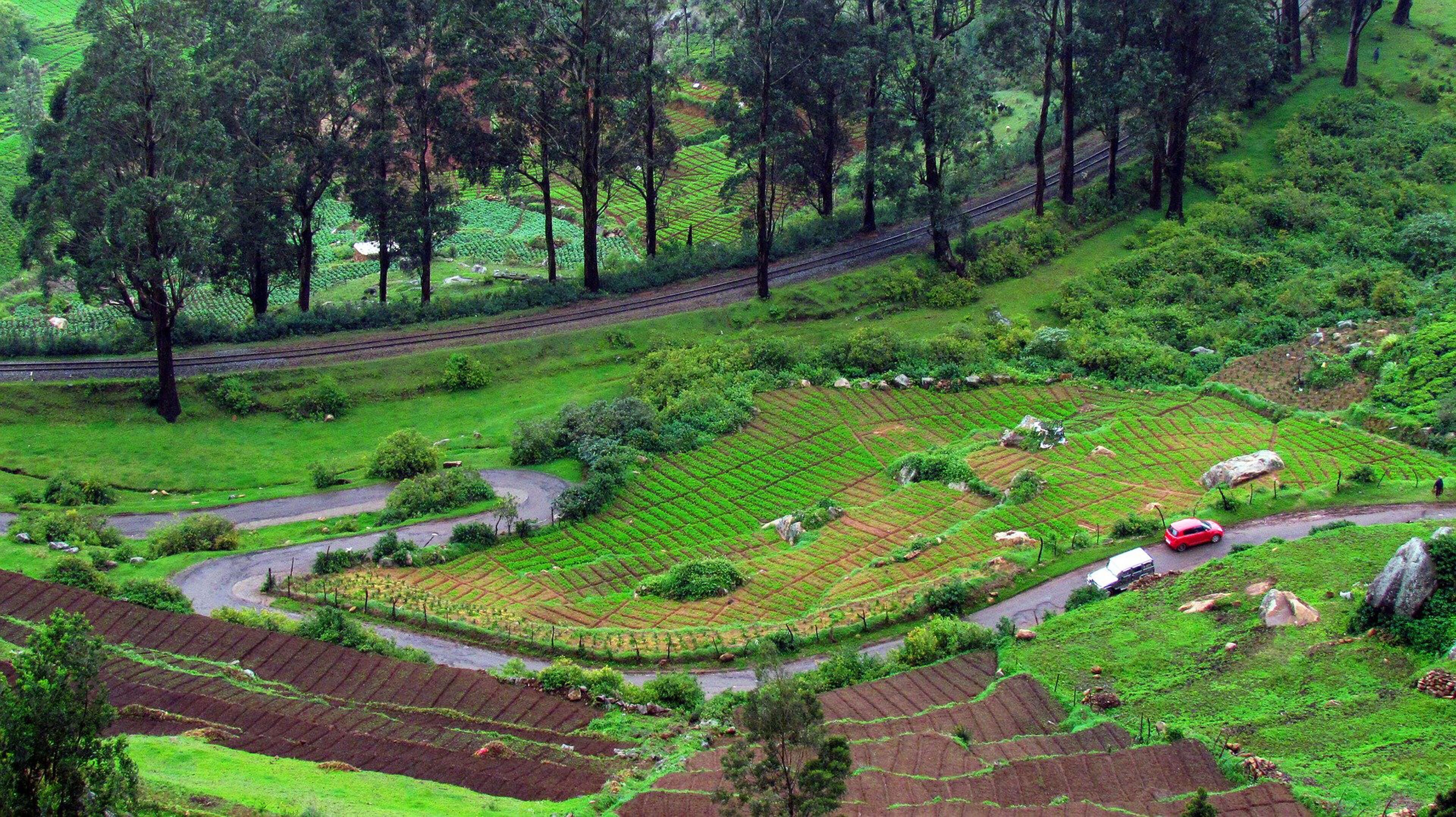 Terraced fields, a winding road, and a railway track.