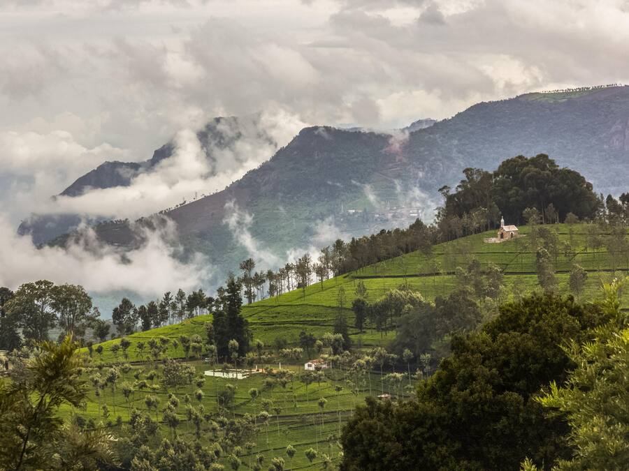 A lush green landscape with terraced fields, a small white building, and a hill with a church.