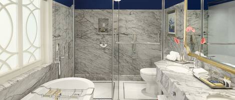 A modern bathroom with a marble shower, a bathtub, and a large mirror.