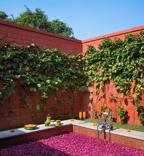 A red brick wall with green ivy, a small pool with pink flower petals, and a water feature.