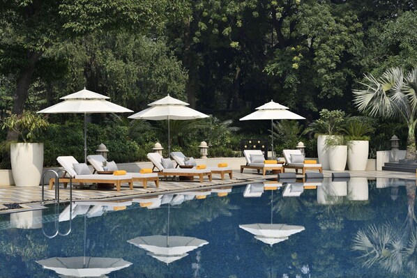 Outdoor pool, pool umbrellas, pool loungers