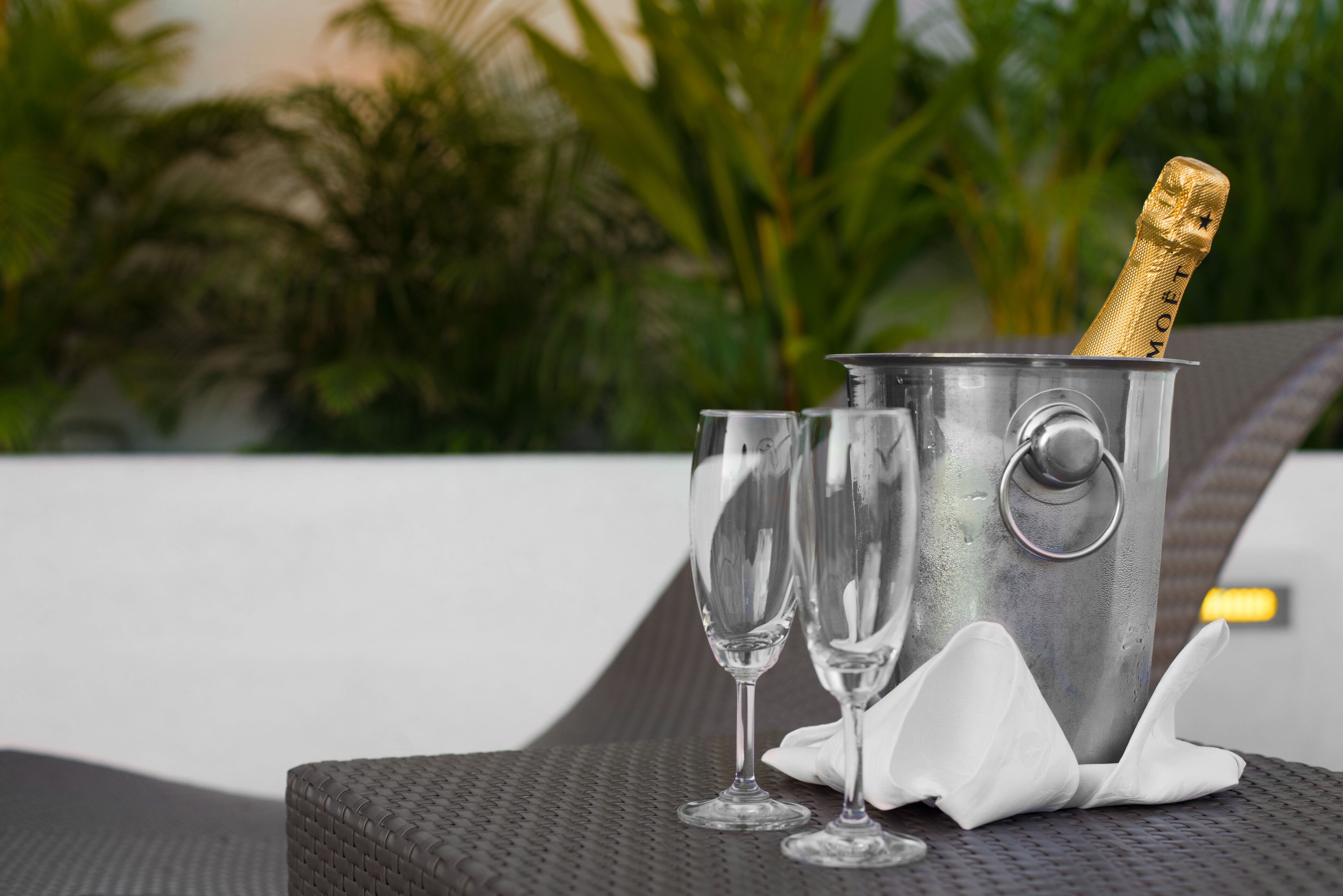 Ein metallisches Eimer mit einer Champagnerflasche, zwei leere Gläser und einer weißen Serviette auf einer strukturierten Oberfläche, vermutlich draußen mit Grünpflanzen im Hintergrund.