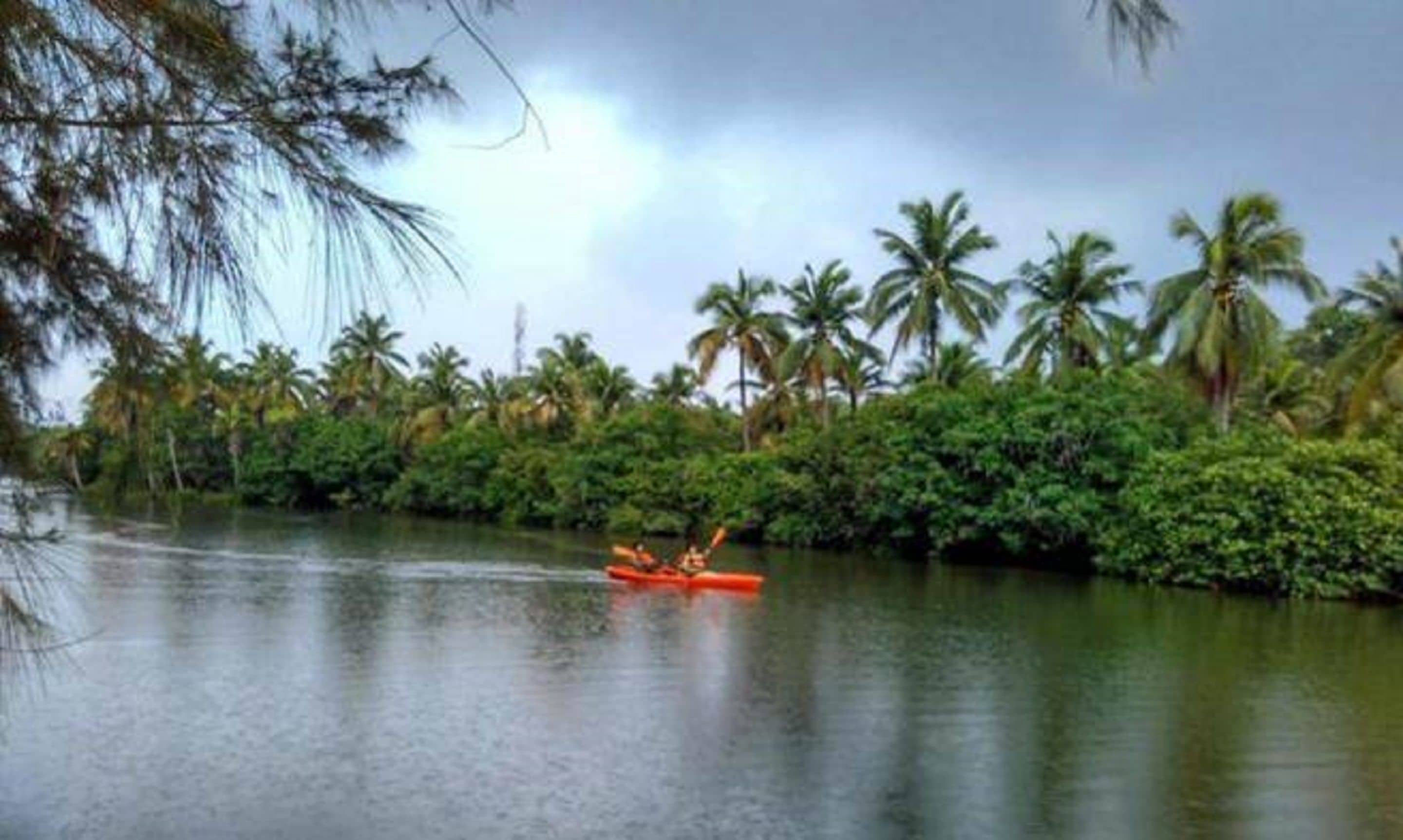 Un río tranquilo con densa vegetación tropical y una sola canoa.